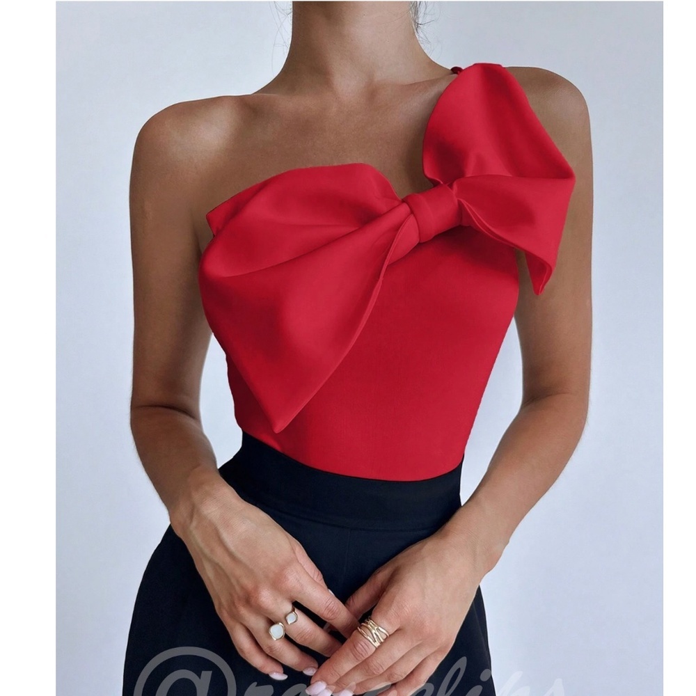 Red Large Bow One Shoulder Bodysuit Slim Fit Asymmetrical